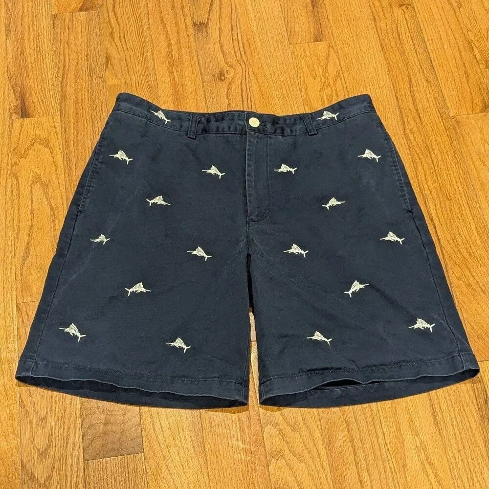 Coastal Fishermam Preppy Vineyard Vines Marlin Embroidered Club Shorts 36 Navy